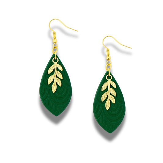 Emerald Green Gold Leaf Embossed Polymer Clay Earrings