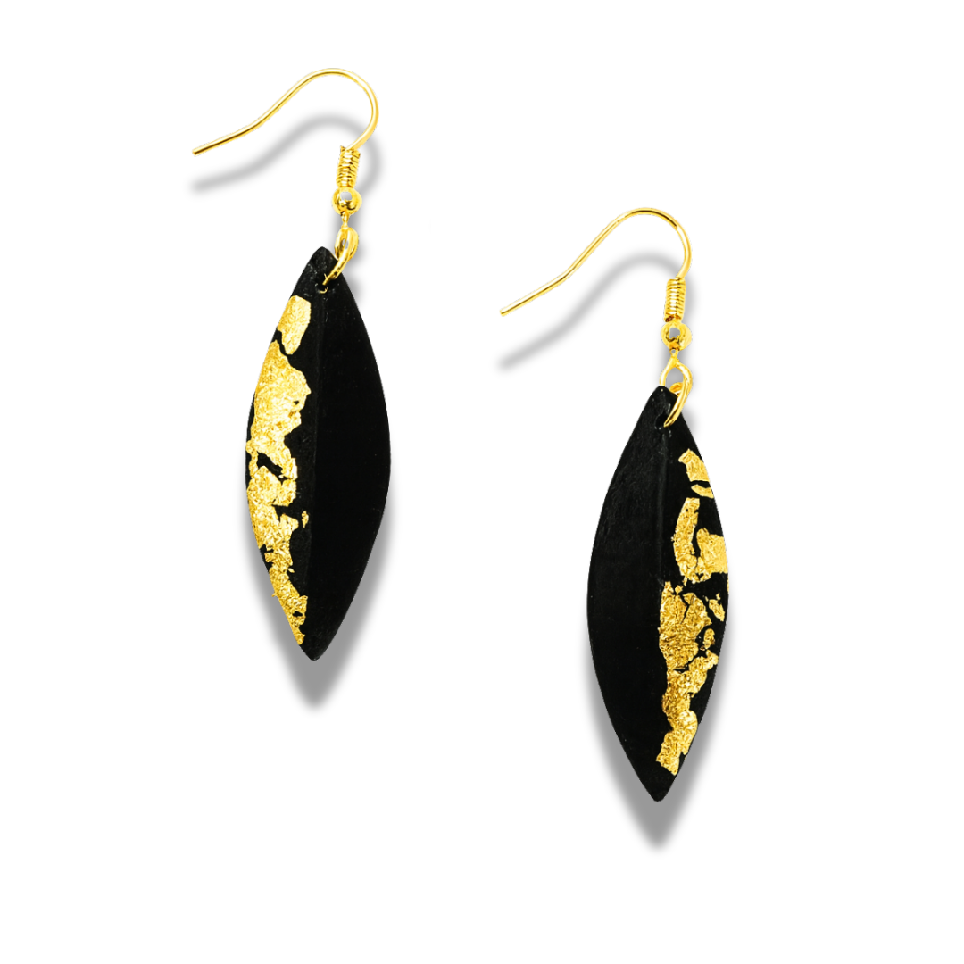 Handmade Black and Gold Leaf Earrings – Polymer Clay Marquise Dangle Earrings