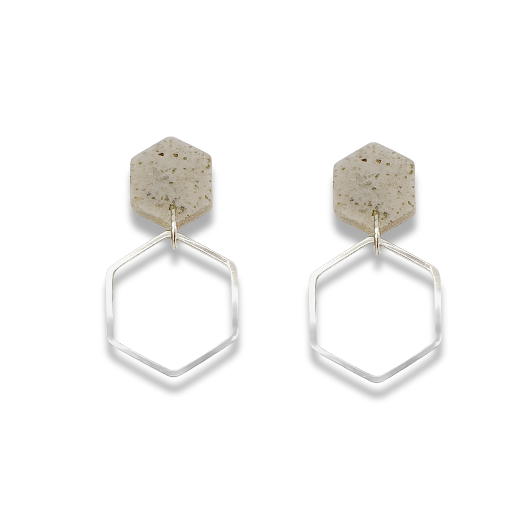 Grey Stone and Silver Hexagon Double Drop Earrings – Minimalist Geometric Collection