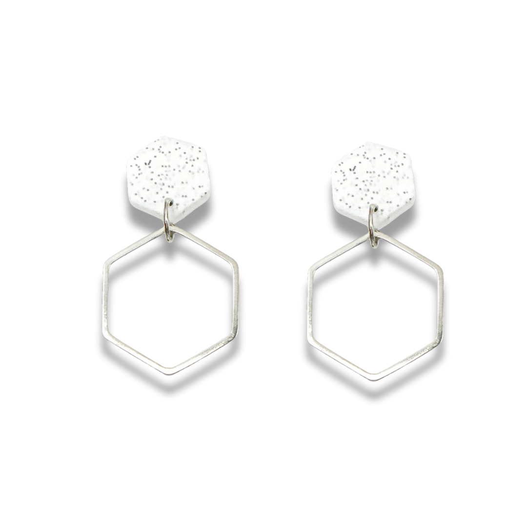 Grey Stone and Silver Hexagon Double Drop Earrings – Minimalist Geometric Collection