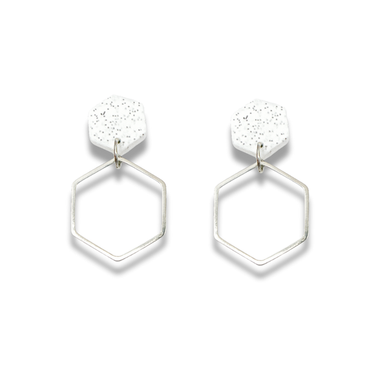 White Stone and Silver Hexagon Double Drop Earrings – Minimalist Geometric Collection