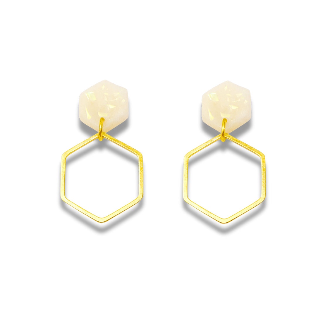 Grey Stone and Silver Hexagon Double Drop Earrings – Minimalist Geometric Collection