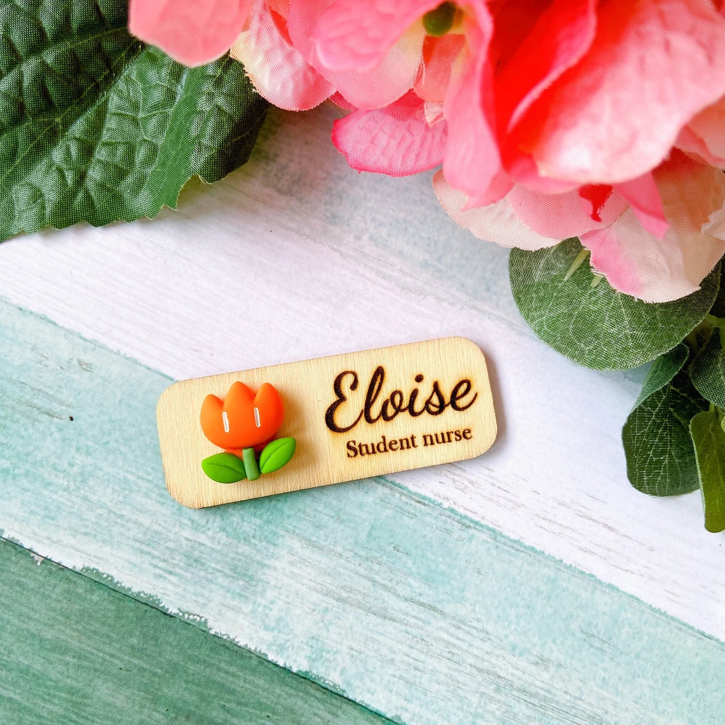 3D Green Flower Floral Personalized Name Tag