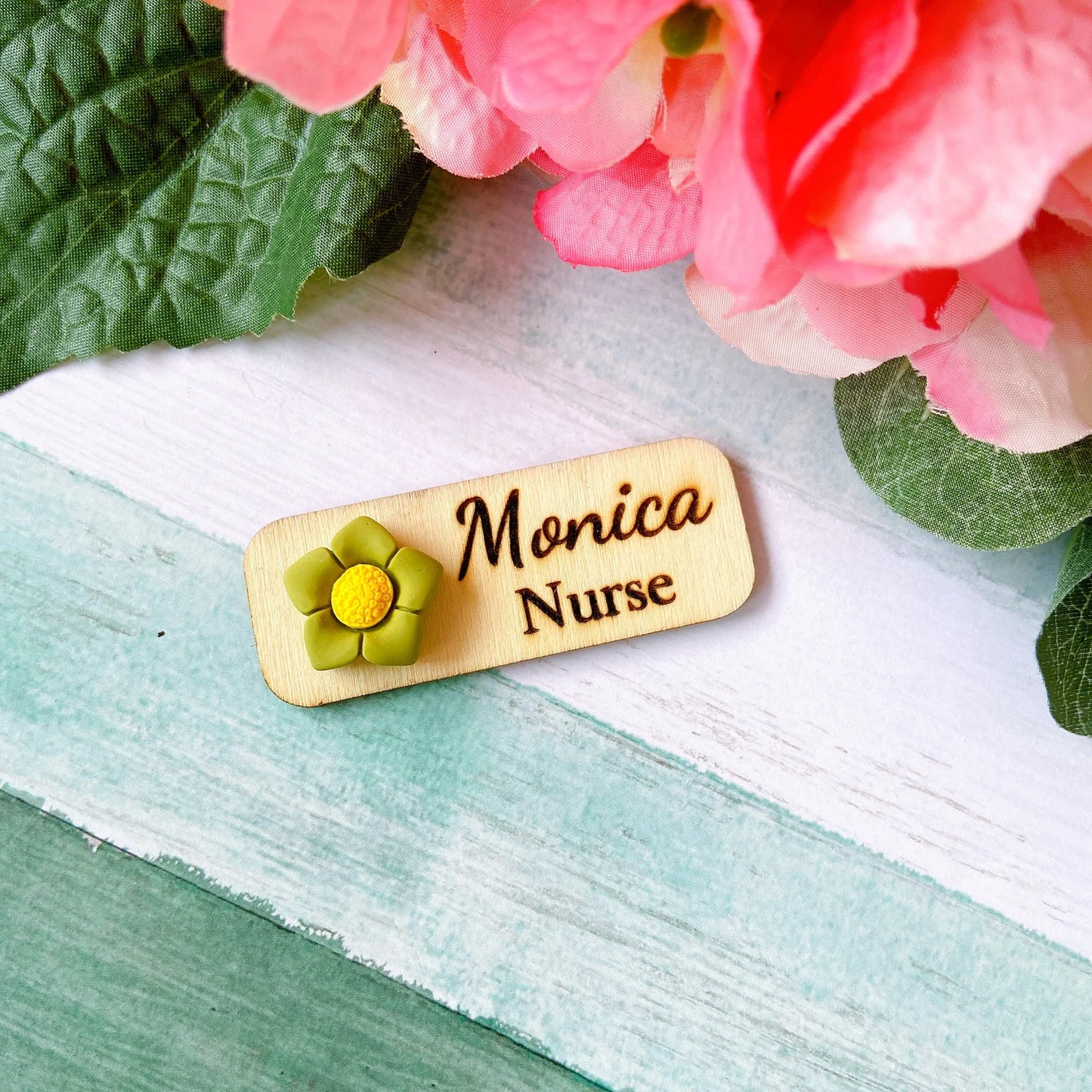 3D Green Flower Floral Personalized Name Tag
