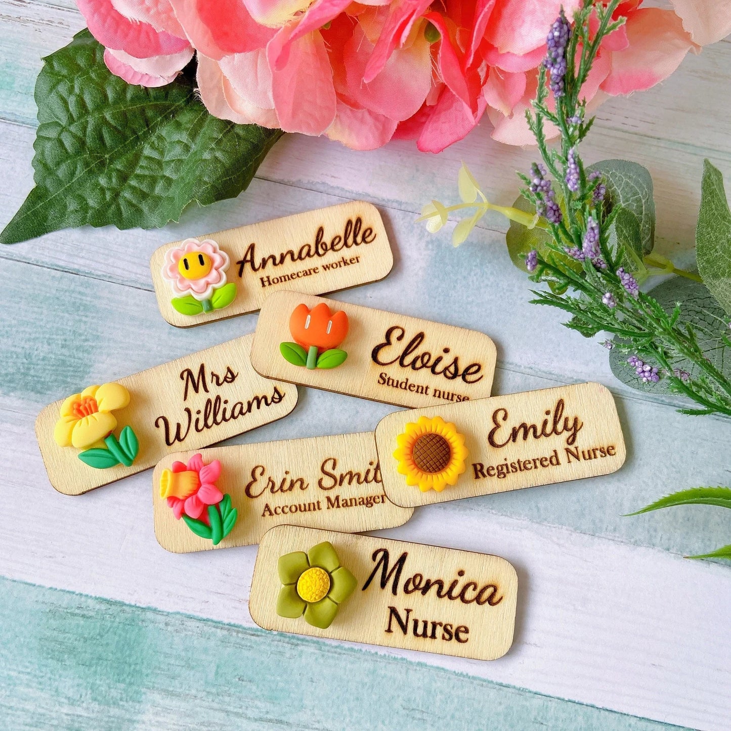 3D Green Flower Floral Personalized Name Tag