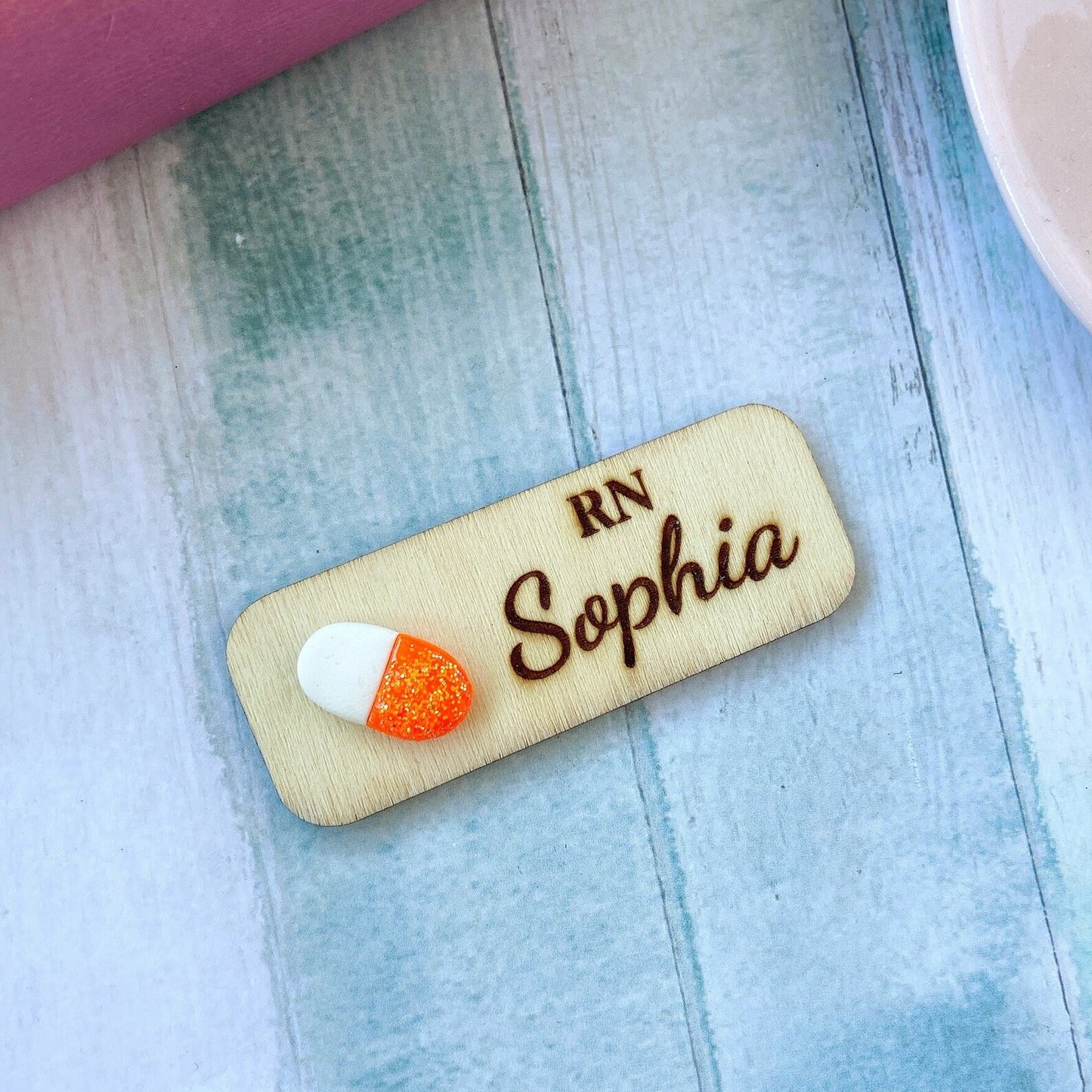 Handmade 3D Orange Pill Medical Personalised Name Tag