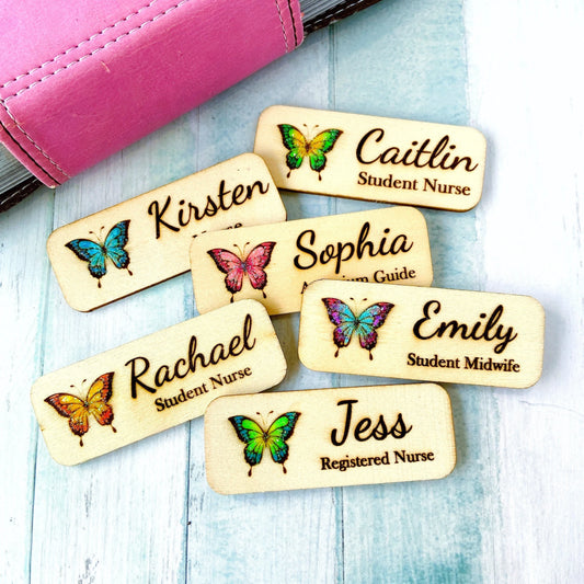 Personalized Butterfly Name Badge – Custom Wooden Name Tag for Nurses, Teachers & Staff