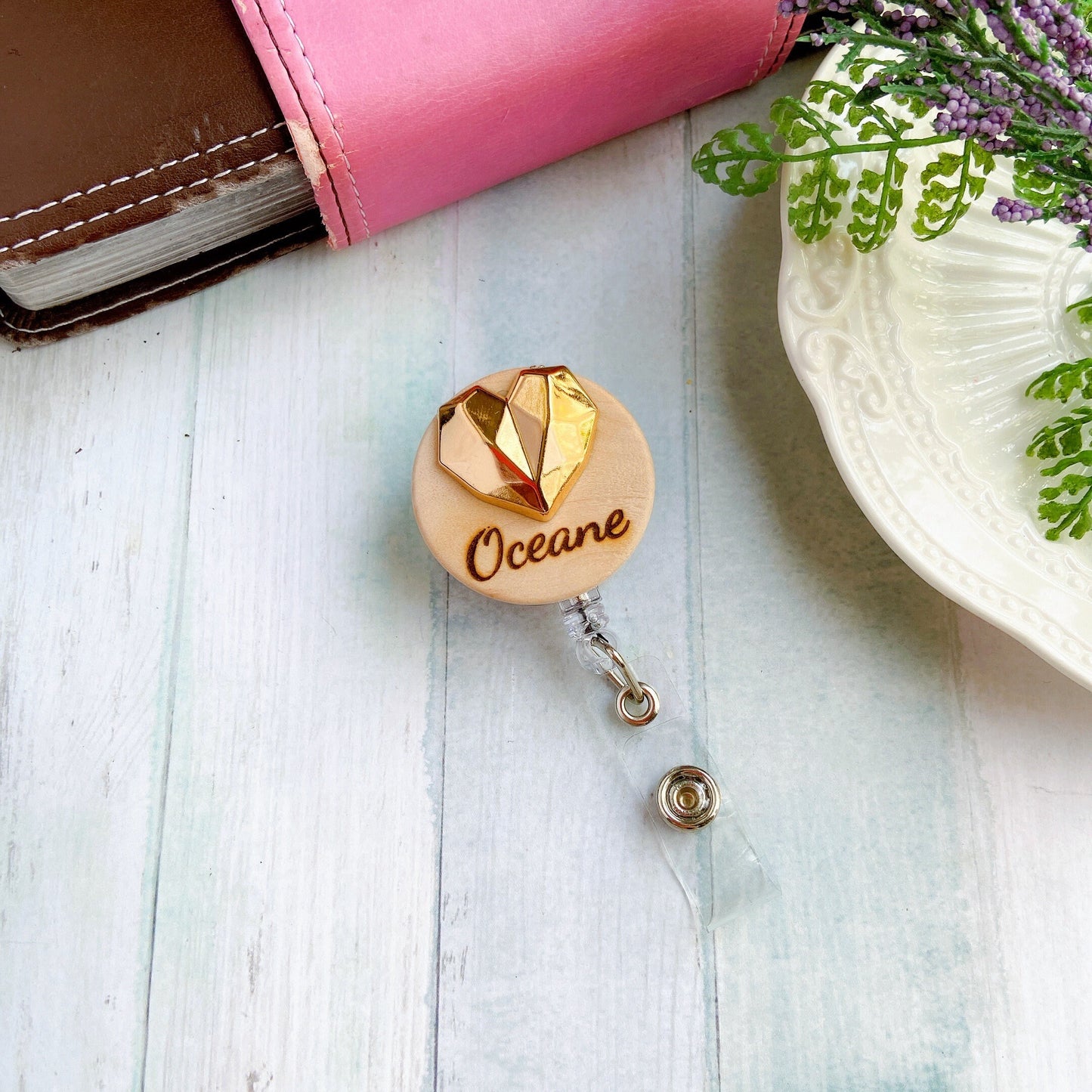 3D Golden Metallic Diamond Heart Personalized Name Badge Reel