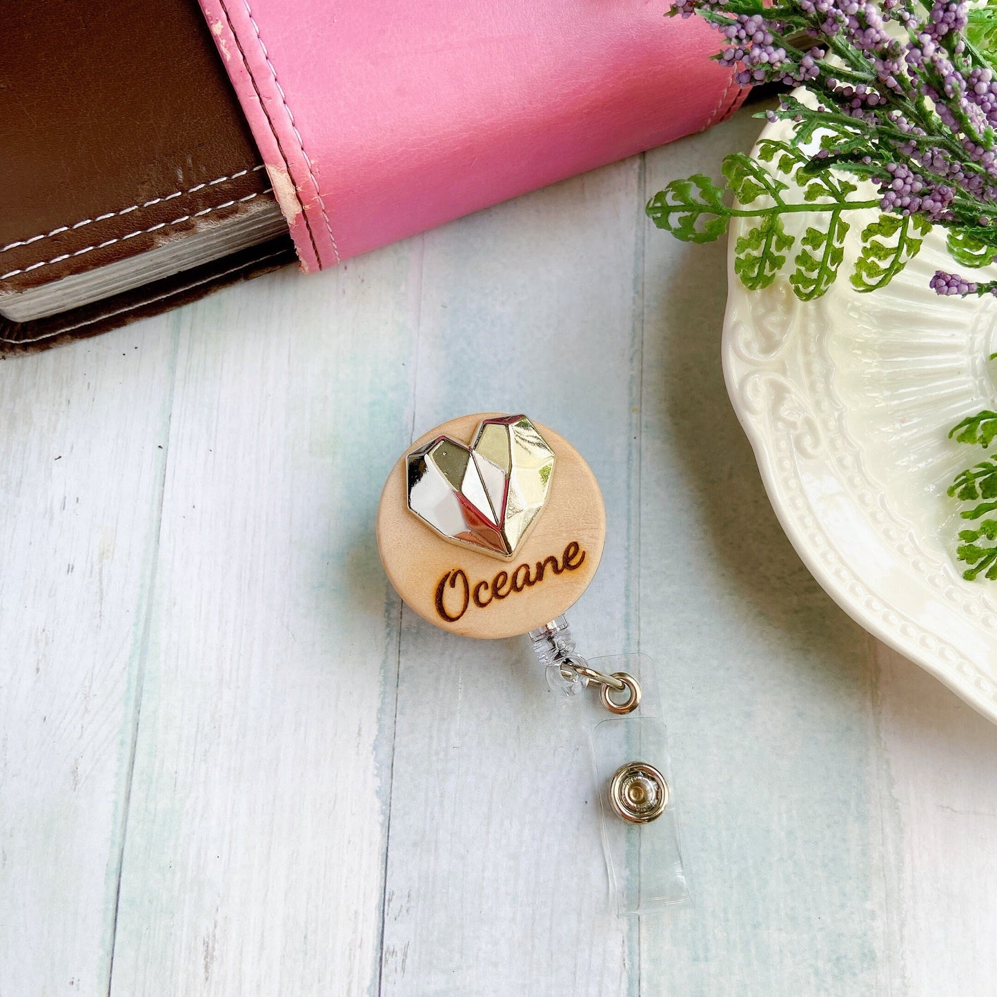3D Golden Metallic Diamond Heart Personalized Name Badge Reel