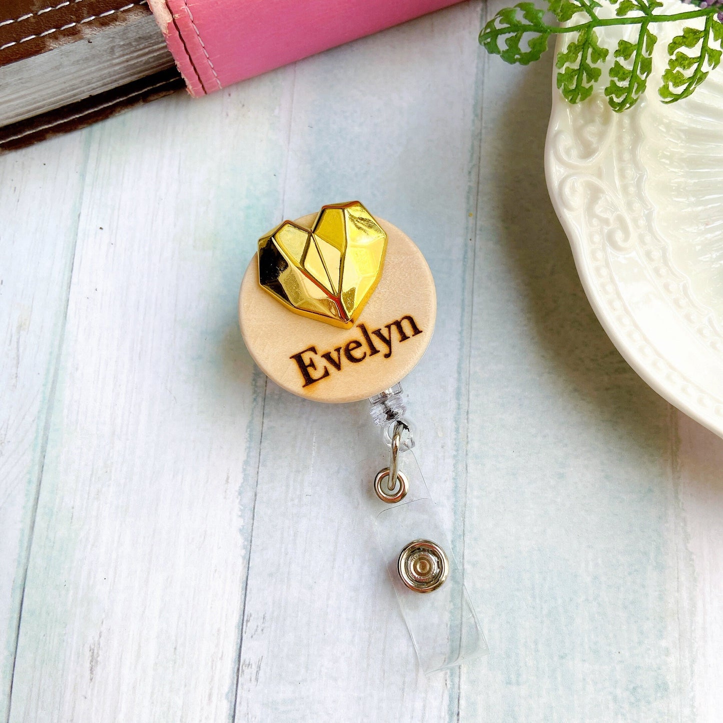 3D Golden Metallic Diamond Heart Personalized Name Badge Reel