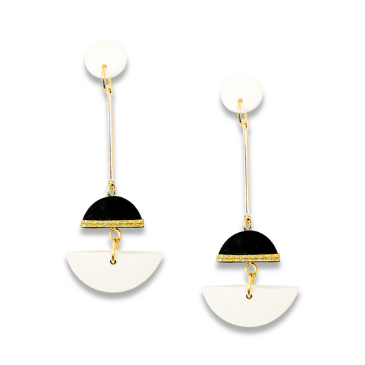 Black & White Geometric Dual Arc Earrings - White