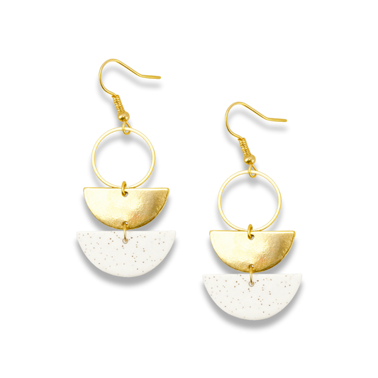 Golden White Stone Polymer Clay Layered Semi-Circle Dangle Earrings