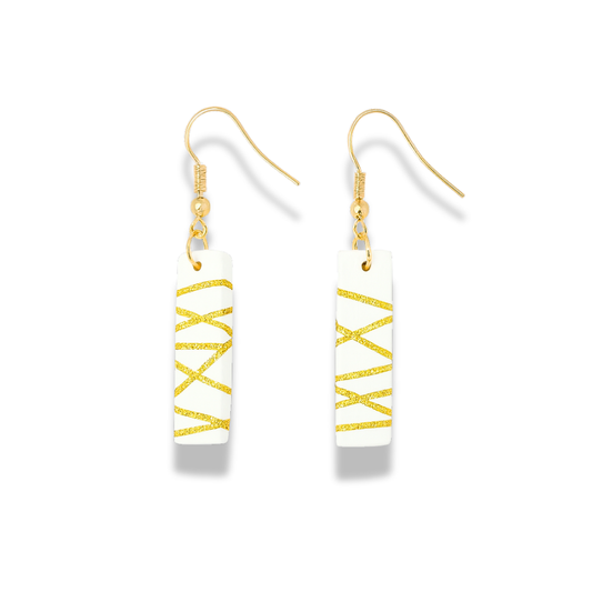 Rectangle White Polymer Clay Dangle Earrings with Gold Glitter Line Design