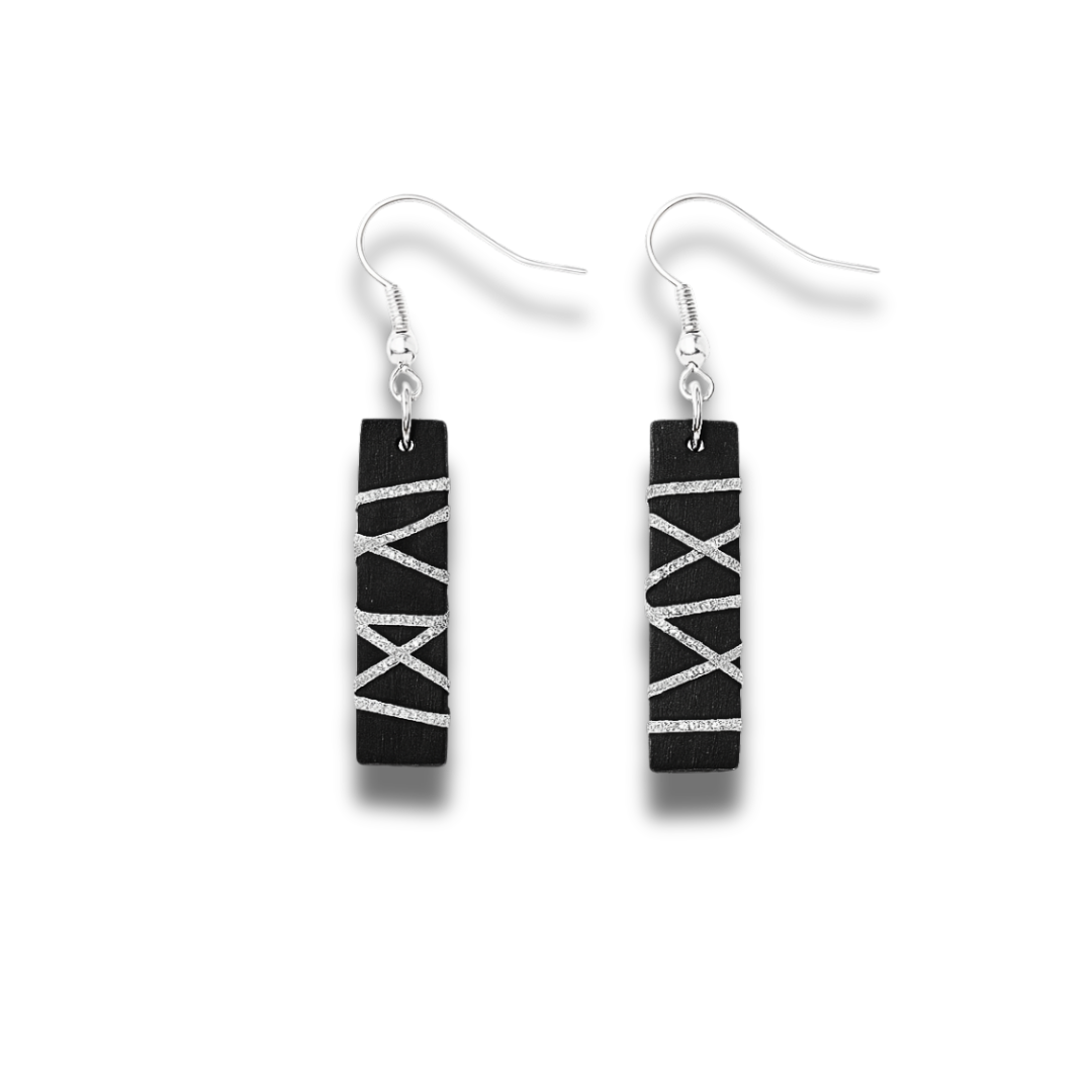Rectangle Black Polymer Clay Dangle Earrings with Gold Glitter Line Design
