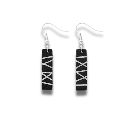 Rectangle Black Polymer Clay Dangle Earrings with Silver Glitter Line Design