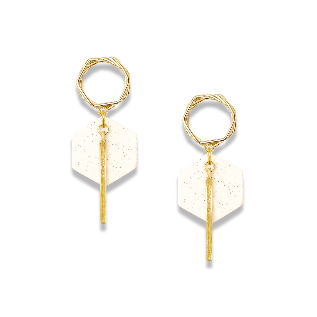 Hexagon Speckled Clay Earrings with Twisted Gold Hoop and Bar