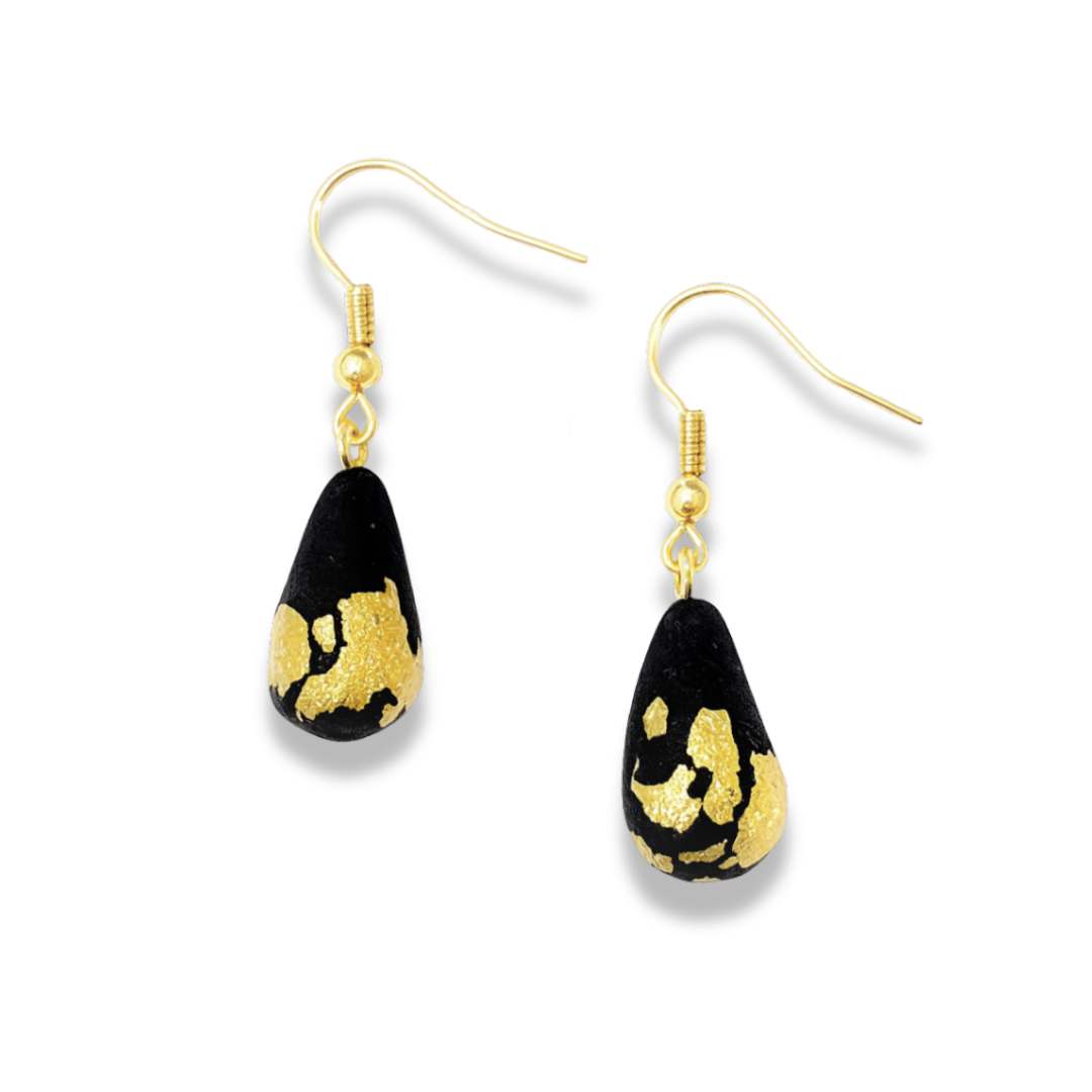 Handmade Black Gold Leaf Polymer Clay Teardrop Dangle Earrings