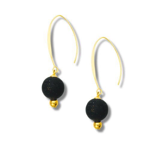Minimalist Charcoal Black Polymer Clay Bead Drop Earrings – Gold Hook Design