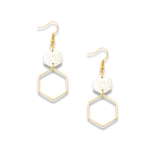 Speckled Hexagon Polymer Clay Earrings with Golden Metal Frame