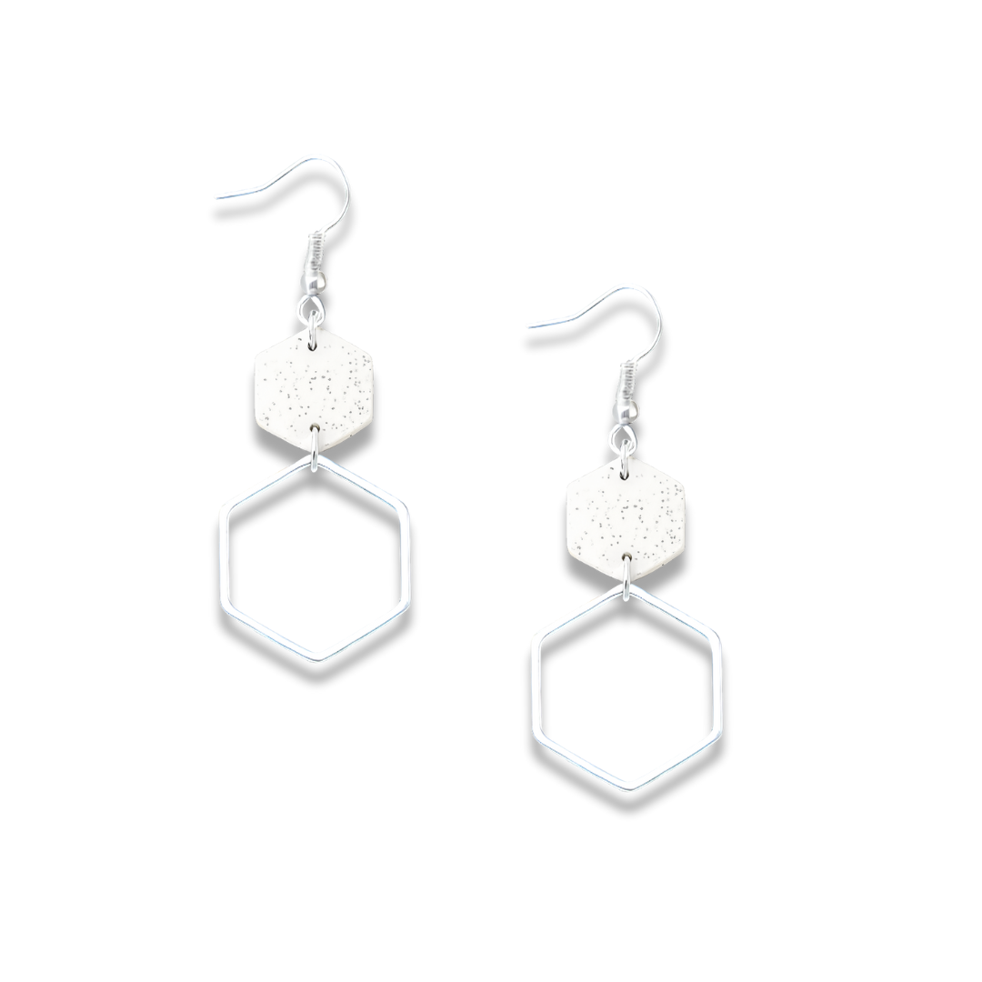 Speckled Hexagon Polymer Clay Earrings with Silver Metal Frame