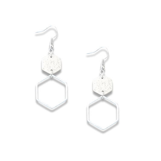Speckled Hexagon Polymer Clay Earrings with Silver Metal Frame