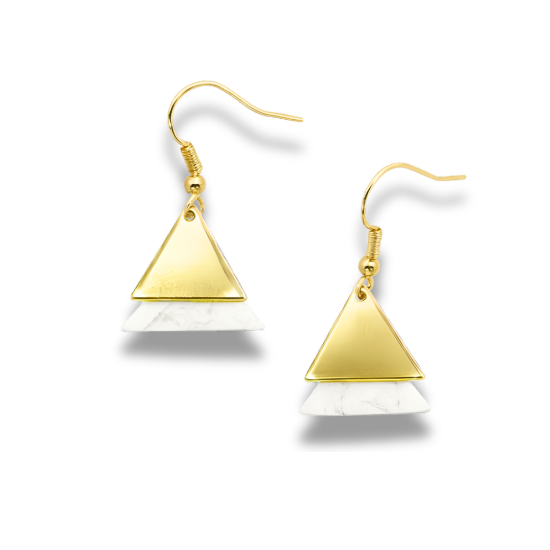 White Marble With Golden Dual Triangle Polymer Clay Earrings