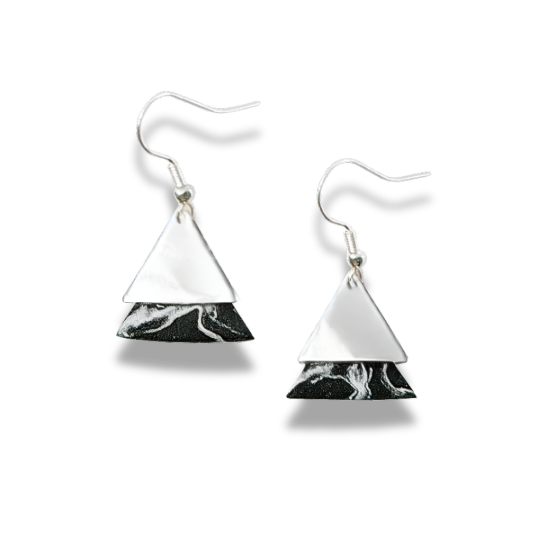 White Marble With Golden Dual Triangle Polymer Clay Earrings