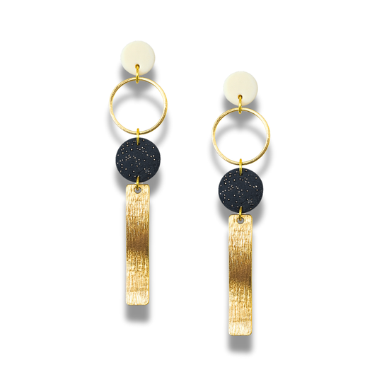 Golden Wave Glitter Black Polymer Clay Surgical Steel Dangle Earrings