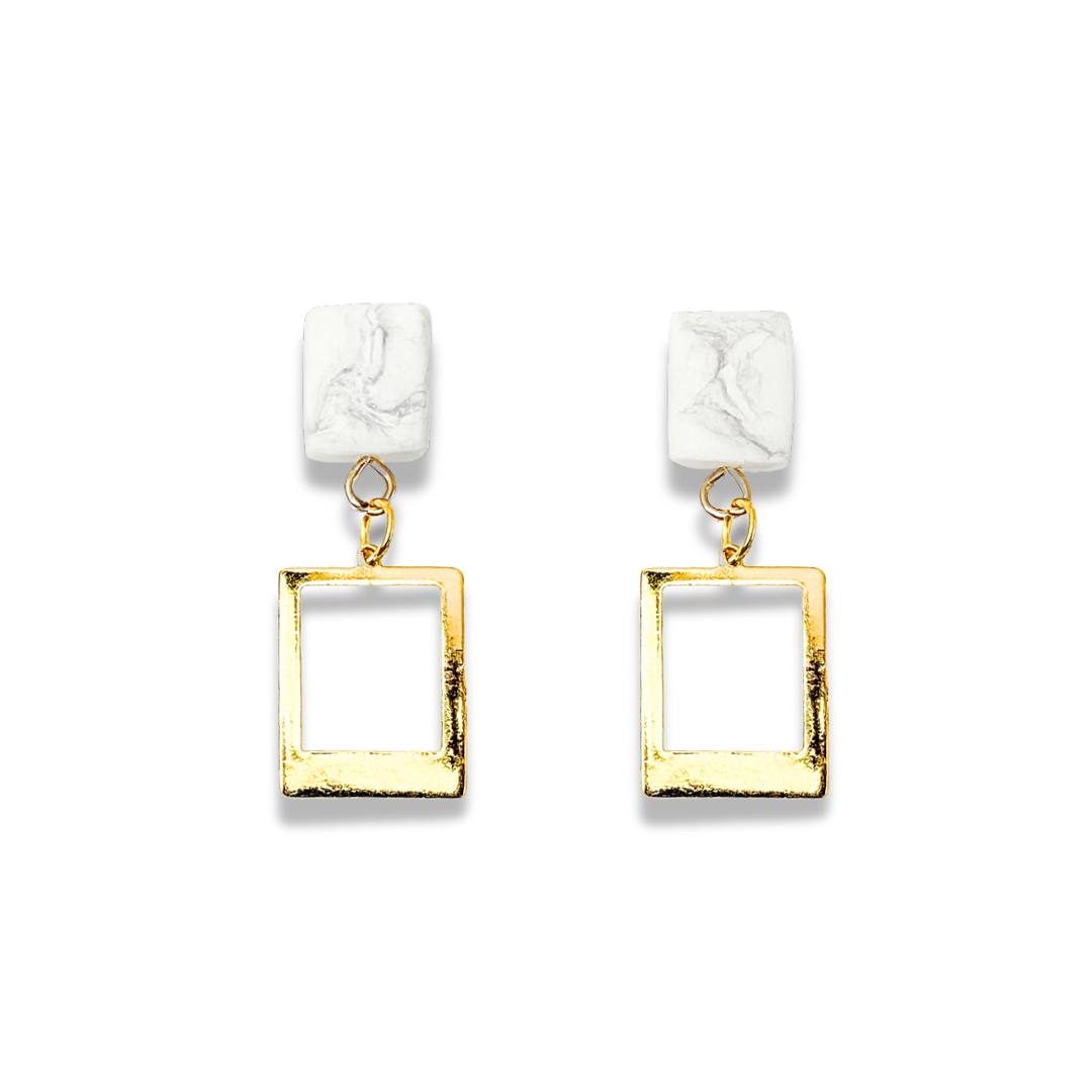 Marble Clay and Gold Geometric Drop Earrings