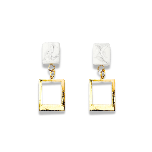 Marble Clay and Gold Geometric Drop Earrings