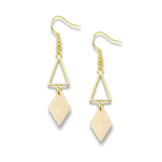 Glitter Pearl Polymer Clay with Golden Geometric Triangle Dangle Earrings