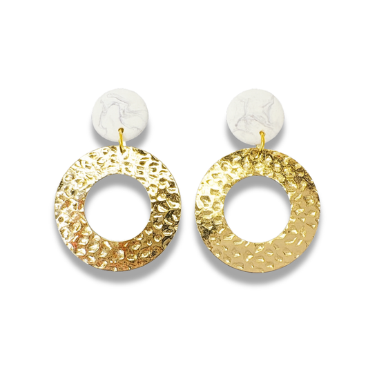 Gold Textured Circle Earrings with Marble Clay Studs